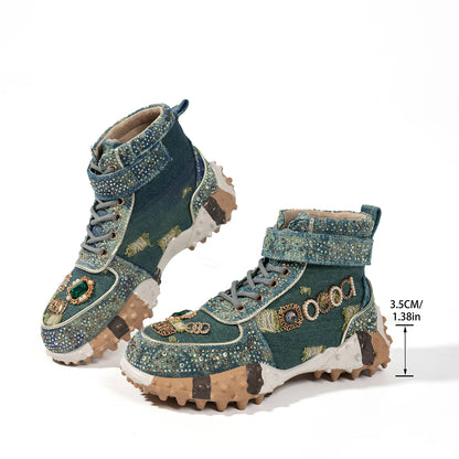 Luxury Rhinestone Casual Women's Sneakers High Top Thick Bottom Loafers 2026 Fashion Comfort Lace Up Women Shoes Tênis Feminino