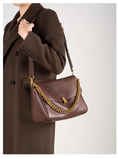 Toptrends Genuine Leather Large Chain Shoulder For Women 2026 Luxury Designer Office Messenger Bags Satchel Cow Ladies Handbags