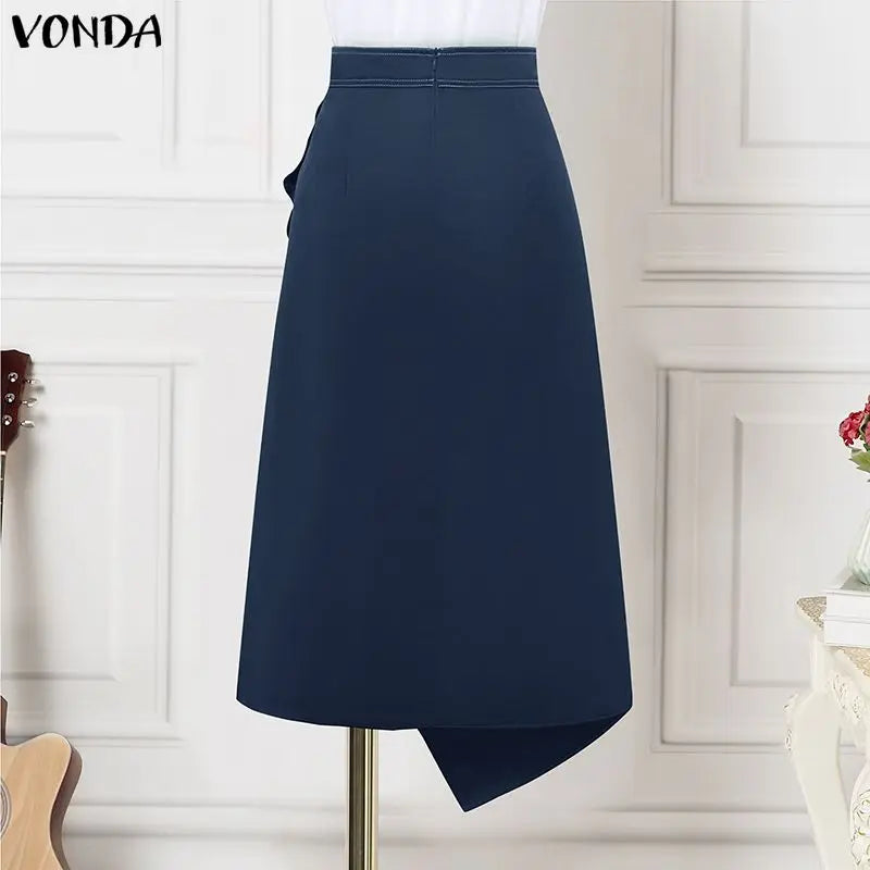 VONDA Plus Size 5XL Elegant Women Satin Skirts High Waist Button Pleated Asymmetrical Maxi Jupes Fashion Solid Long Faldas Saia