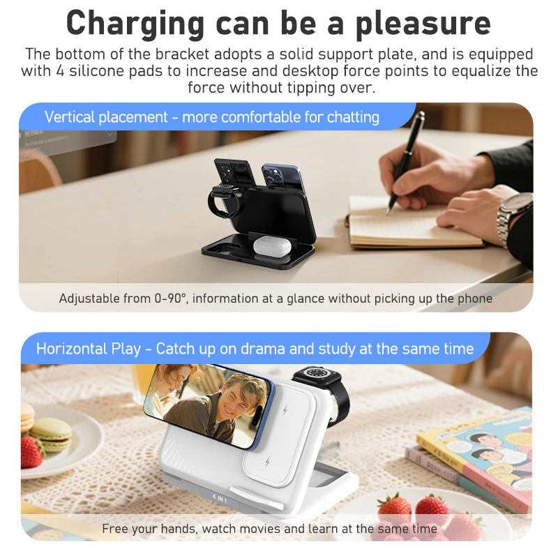 4 in 1 Dual Phone Wireless Charger Stand Magnetic Fast Charging For iPhone 17~12 Samsung S25 Xiaomi Airpods Pro Apple Watch 11~2