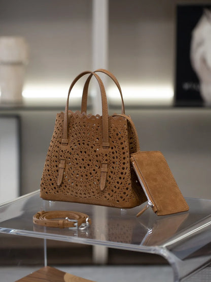 New Advanced Leather Tote Shopping Bag Wave Hollow out Basket Retro Suede Single Shoulder Slant Cross Mother Baby Bag