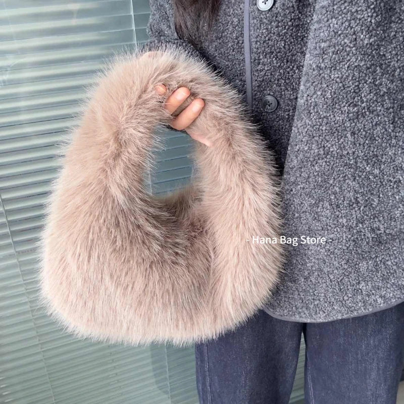 Solid Color Faux Fur Bag for Women Winter Soft Plush Handbags Ladies Small Elegant Tote Bags Fashion Trend Female Furry Purse