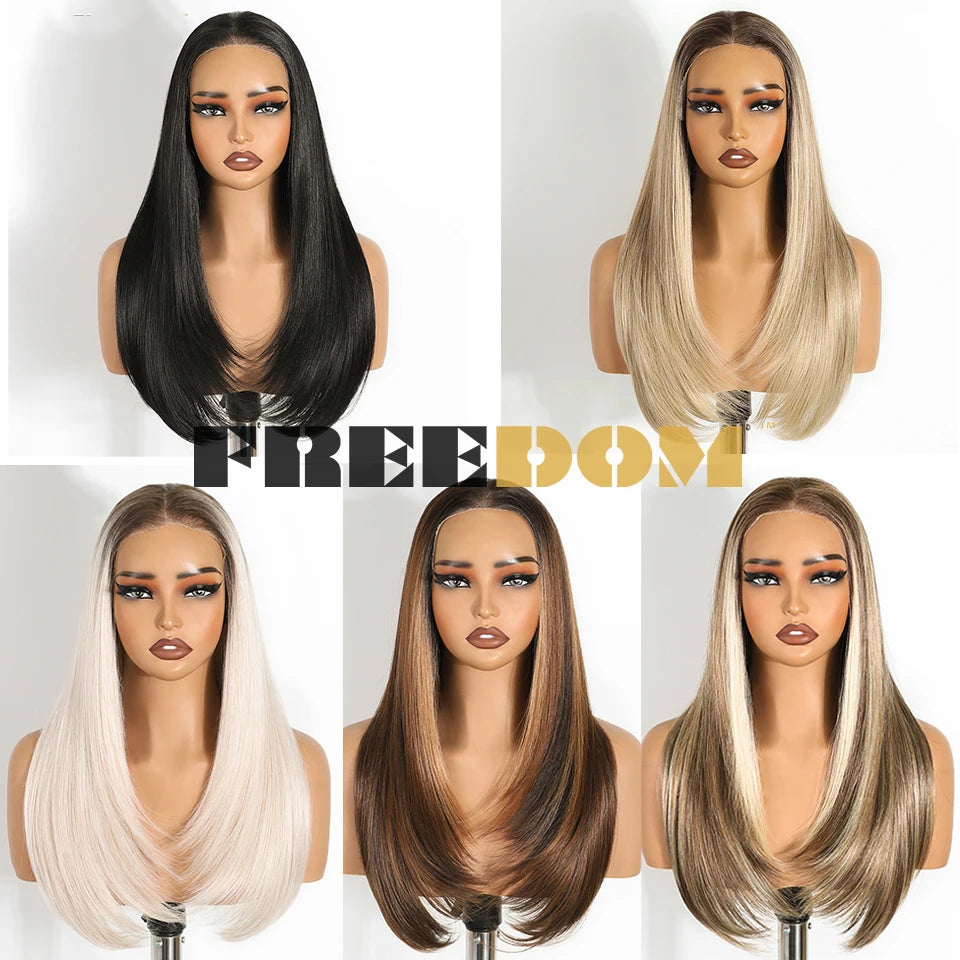 FREEDOM 9x6 Pre Plucked Synthetic Lace Front Wigs For Women Straight Layerd Wig 24" Ombre Blonde Wear And Go Glueless Lace Wigs