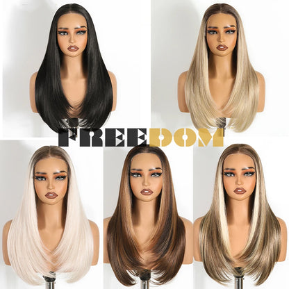 FREEDOM 9x6 Pre Plucked Synthetic Lace Front Wigs For Women Straight Layerd Wig 24" Ombre Blonde Wear And Go Glueless Lace Wigs