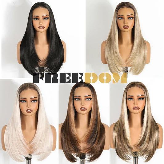 FREEDOM 9x6 Pre Plucked Synthetic Lace Front Wigs For Women Straight Layerd Wig 24" Ombre Blonde Wear And Go Glueless Lace Wigs