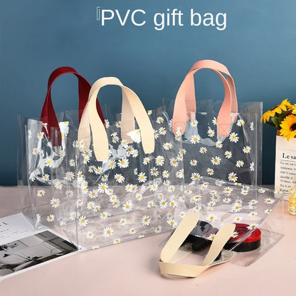 High Quality PVC Transparent Clear Tote Bag Little Daisy Waterproof Storage Bag Handle Gift Bag Transparent Shopping Bags