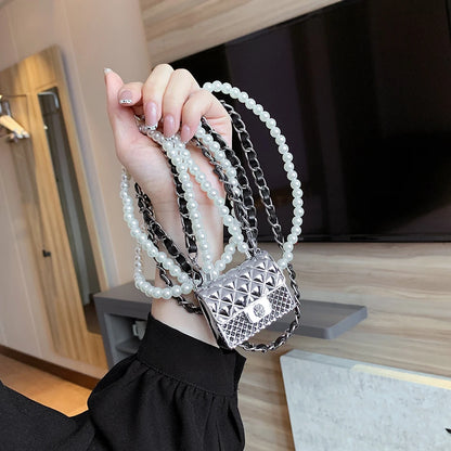 Mini dinner bags for women fashionable metal small box bag designer pearl chain shoulder bag clothing accessories crossbody bag