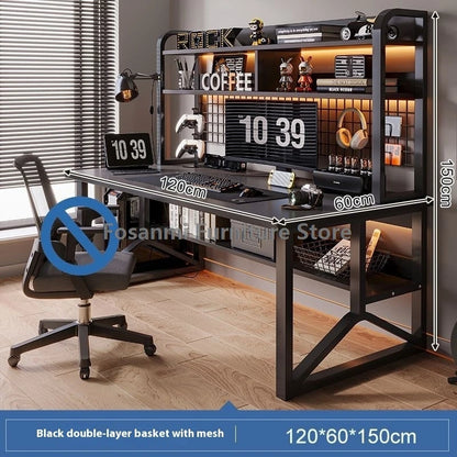 Black Wide Students Study Desk Modern Office Sturdy PC Desk with Shelf Y-Shaped Metal Frame Gaming Computer Table for Home Gamer