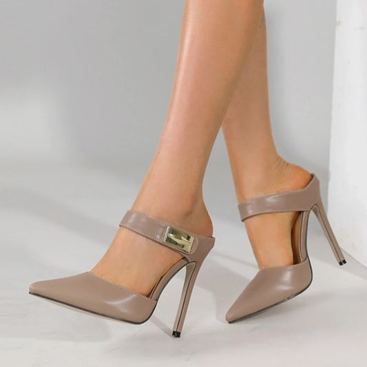 Liyke Fashion Design Metal Decoration Strap Women Pumps Slippers Cozy Leather Pointed Toe Black High Heels Shoes Stiletto Sandal