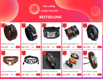 VOQ Punk Vintage Multi-layer Leather Bracelets Bangles Wide Wrap Bracelet for Men Friends Locomotive Fashion Jewelry Gift