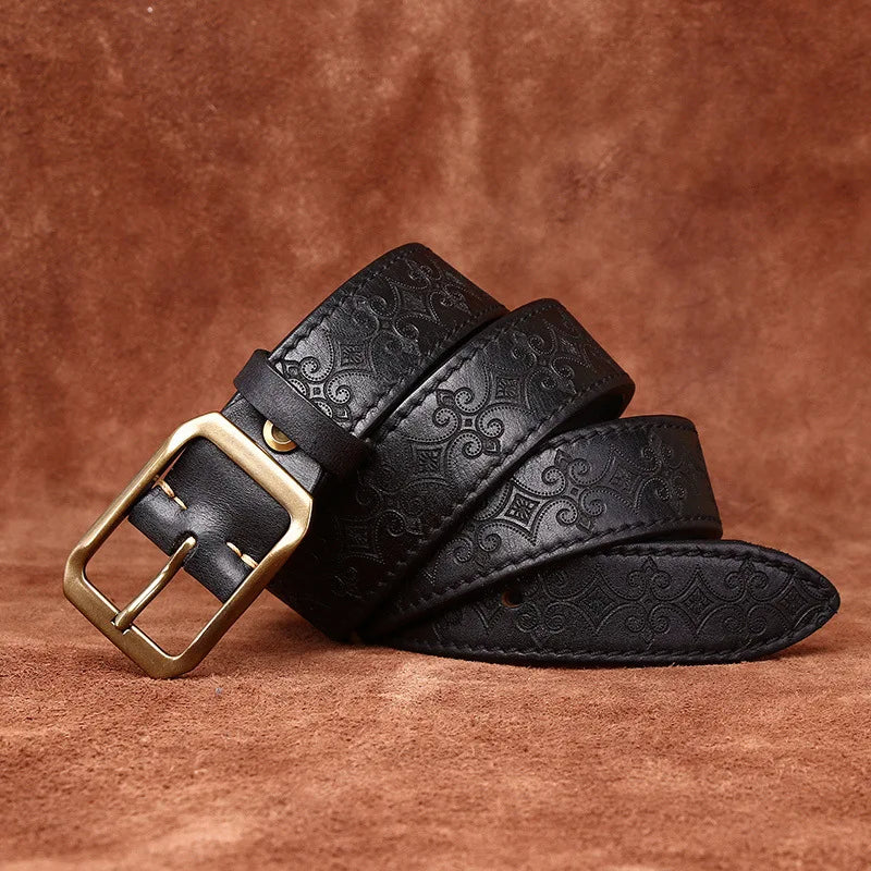 3.8CM Thickened Italian Pure Cowhide High Quality Genuine Leather Belts for Men Carving Strap Male Brass Buckle Jeans Cowboy