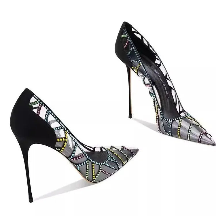 Black Design Sense Niche Transparent Multicolored Rhinestone 2026 New Pointed Toe Stiletto High-heeled Shoes for Women