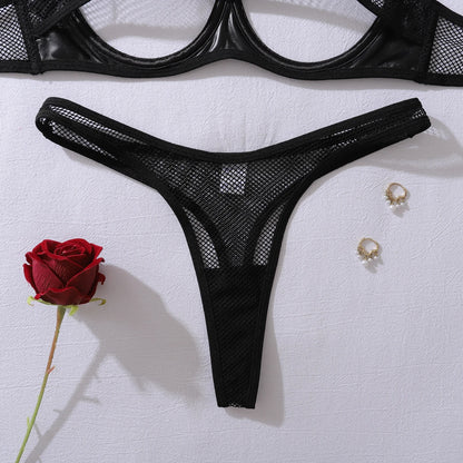 AVELINE Fashion Hollow Mesh Splicing PU Leather Gathering Sexy Strap Underwear Set