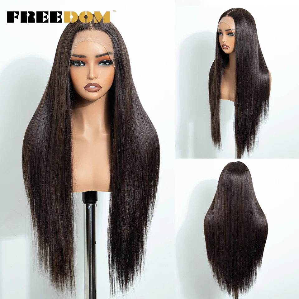 FREEDOM 13X4 Pre Plucked Synthetic Lace Front Wigs For Black Women Natural Hairline Straight 30 Inch Ombre Brown Wig Daily Use