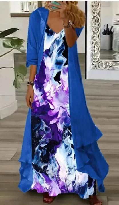 New 2025 Women's Floral Print Dress Two-Piece Set Inner Wear Polyester Fiber Short Sleeve Ankle-Length Regular Waistline
