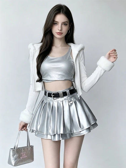 Women Black A-line Leather Skirt Vintage Aesthetic Y2k Pleated Skirt Harajuku Korean Gothic Mini Skirt Emo 2000s Clothes Summer