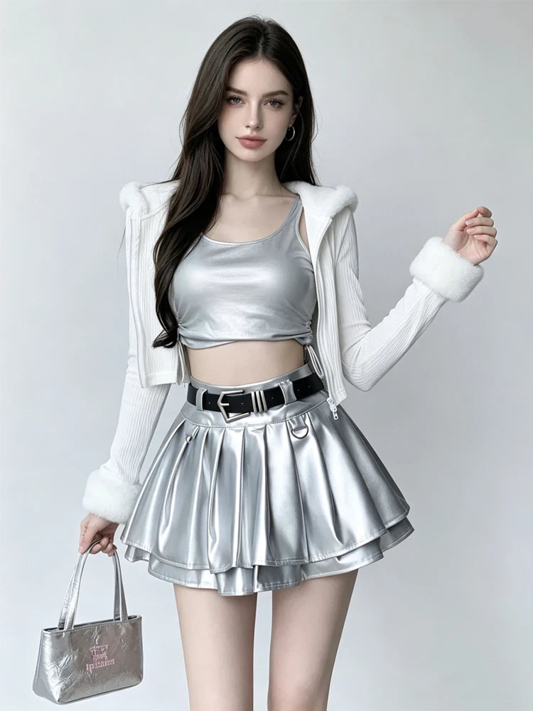 Women Black A-line Leather Skirt Vintage Aesthetic Y2k Pleated Skirt Harajuku Korean Gothic Mini Skirt Emo 2000s Clothes Summer