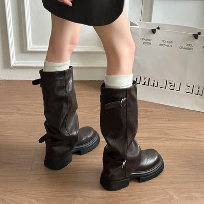 Women Double Buckle Slouch Knee High Boots Round Toe Platform Thick Sole Leather Tall Boots Street Casual Daily Ladies Boots
