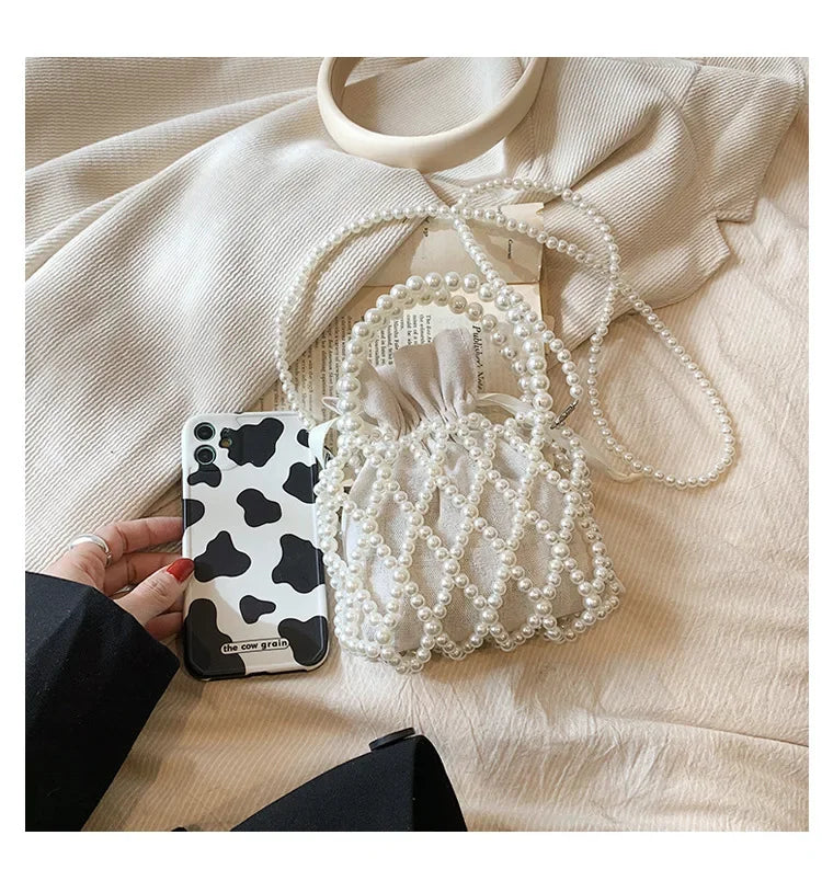Women Pearl Bag Small Mini Tote Bucket Bag Woven Crossbody Hand Bags for Women Coin Purse Wallet Handbag Ladies Shoulder Bags