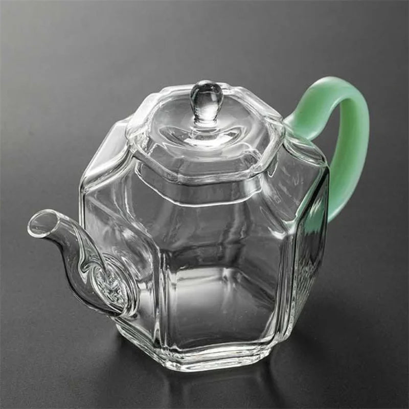 Hexagonal Imitation Jade Handle Glass Teapot Heat Resistant Small Capacity 210ml Boiling Flower Green Tea Pot Kung Fu Tea Set