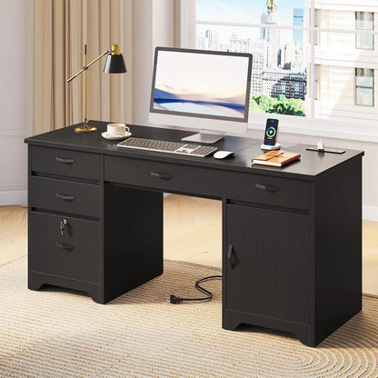 59” Office Desk with Lockable Drawers, Modern Computer Desk with File Drawer, Charging Station & Drop-Front, Customized