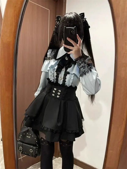 Gothic Women's Clothing Shirt Long Sleeve Lolita Blouse Japanese Bow Tie Sweet Cute Tops Design Streetwear Y2k Retro Blouse New