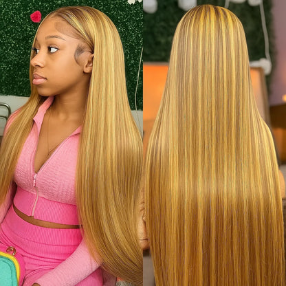 4/27 straight 13x4 Lace Frontal Highlight Wig Human Hair Brazilian 200 Density 30 Inch Ombre Blonde Colored Human Hair Wigs