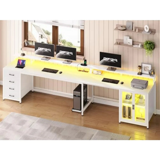 L Shaped Gaming Desk with 4 Drawers 109 Computer Desk with Display Cabinet White Home Office Desks with 2 Monitor Stands CPU St