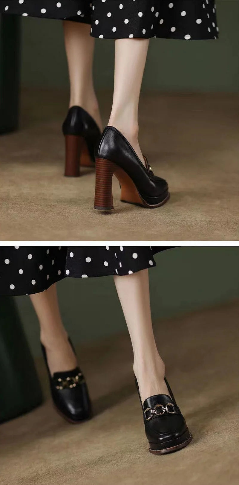 Split Cowhide Leather Shoes,Women Platform Block High Heels,Square Toe, Slip On,Retro Style,Brown,Black,Size 34-39,Dropship