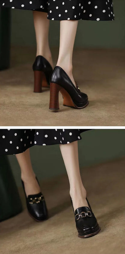 Split Cowhide Leather Shoes,Women Platform Block High Heels,Square Toe, Slip On,Retro Style,Brown,Black,Size 34-39,Dropship