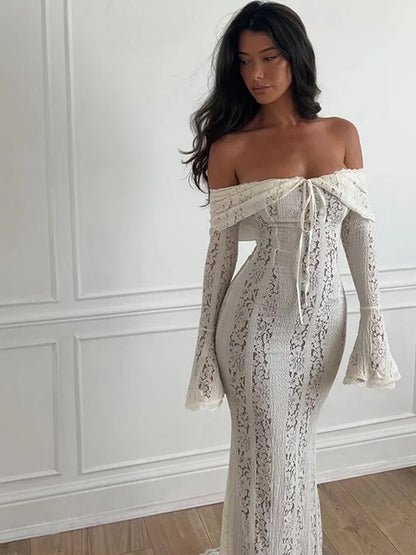 White Sexy Lace Flare Sleeve Dress Off Shoulder Slim Maxi Dresses Women 2024 Female Hollow Out Mermaid Floor Length Elegant Robe