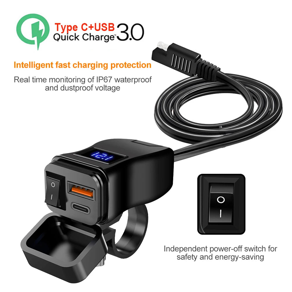 6.8A PD+QC3.0 Motorcycle Phone Charger Handlebar Dual USB Socket 60W Waterproof 12V Power Supply Adapter with Switch Voltmeter