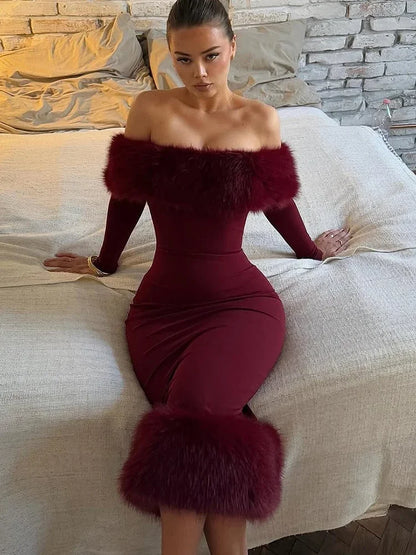 Faux Fur Patchwork Strapless Dress Women Sexy Off-shoulder Full Sleeve Cinched-waist Slim Long Gown Lady Christmas Party Dresses