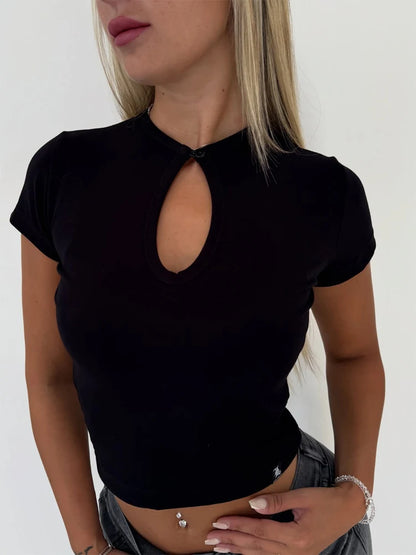 Stand Collar Button Hollow Out T-shirt Women Sexy Solid Short Sleeves Slim Fit Cropped Shirts 2026 Lady Daily Street Outwear New