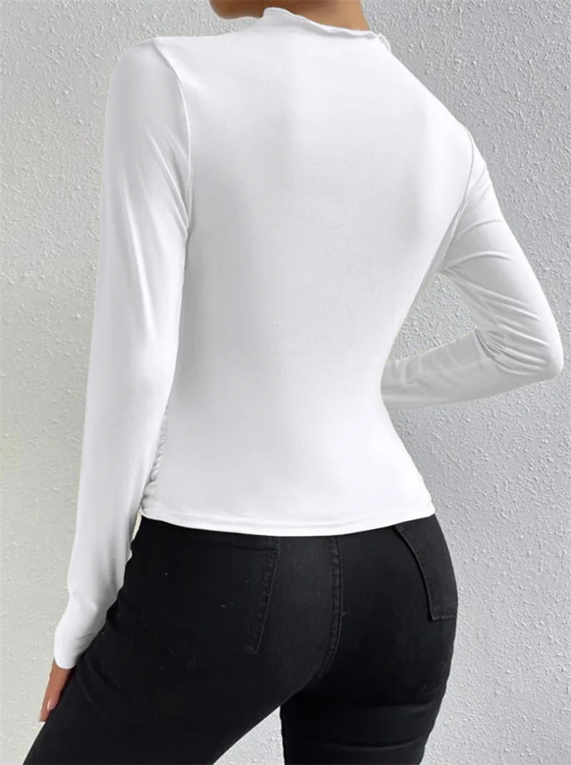 Fashion Solid Color Slim Fit T Shirt Women Trendy All-match Folds Long Sleeve T Shirts Ladies Tops Streetwear 2024 Spring New