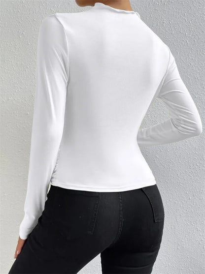 Fashion Solid Color Slim Fit T Shirt Women Trendy All-match Folds Long Sleeve T Shirts Ladies Tops Streetwear 2024 Spring New