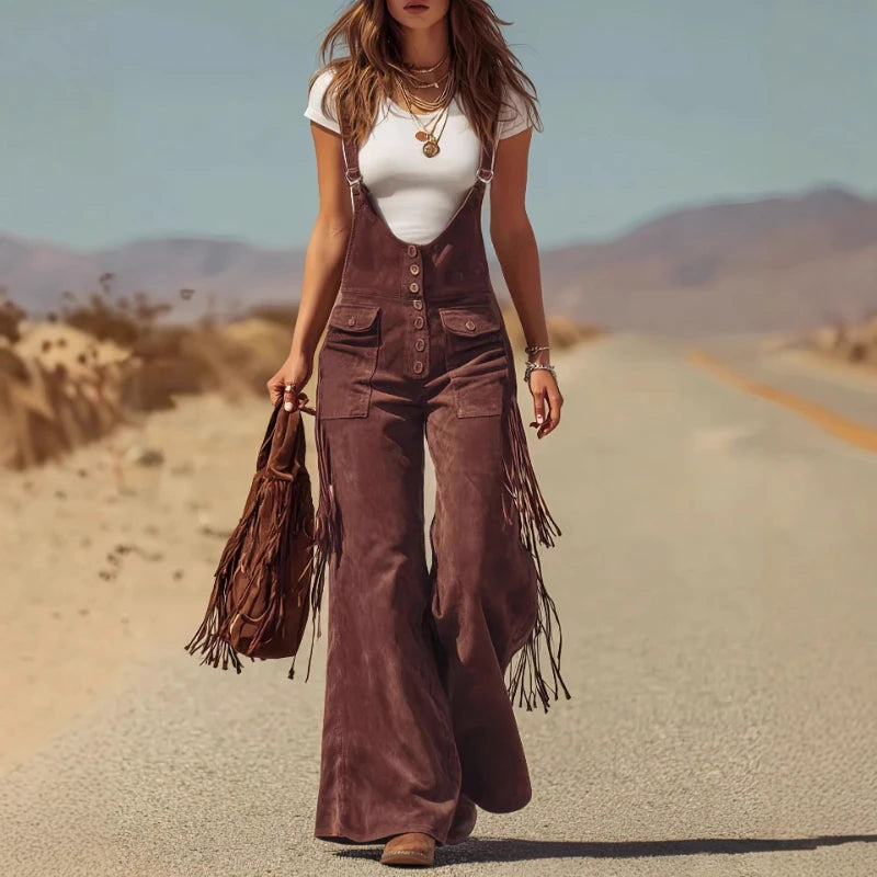 Spring Autumn New in Women's Personalized Retro Suede Tassel Wide Leg Pants Casual Loose Pocket Strap Work Pants Pants