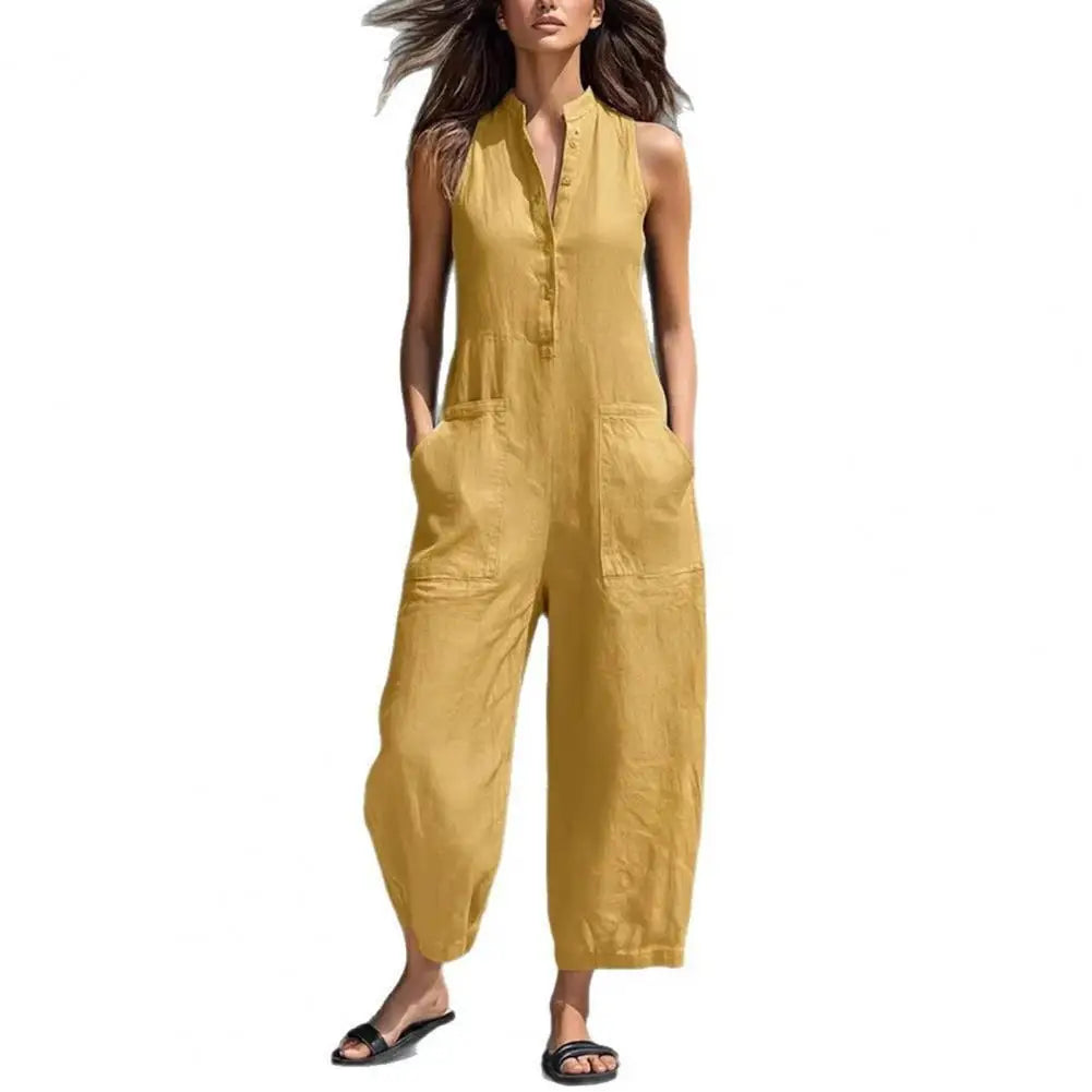 Women's Summer Sleeveless Jumpsuit Button Up Stand Collar Loose One Piece Overalls Wide Leg Long Pants Rompers with Pockets