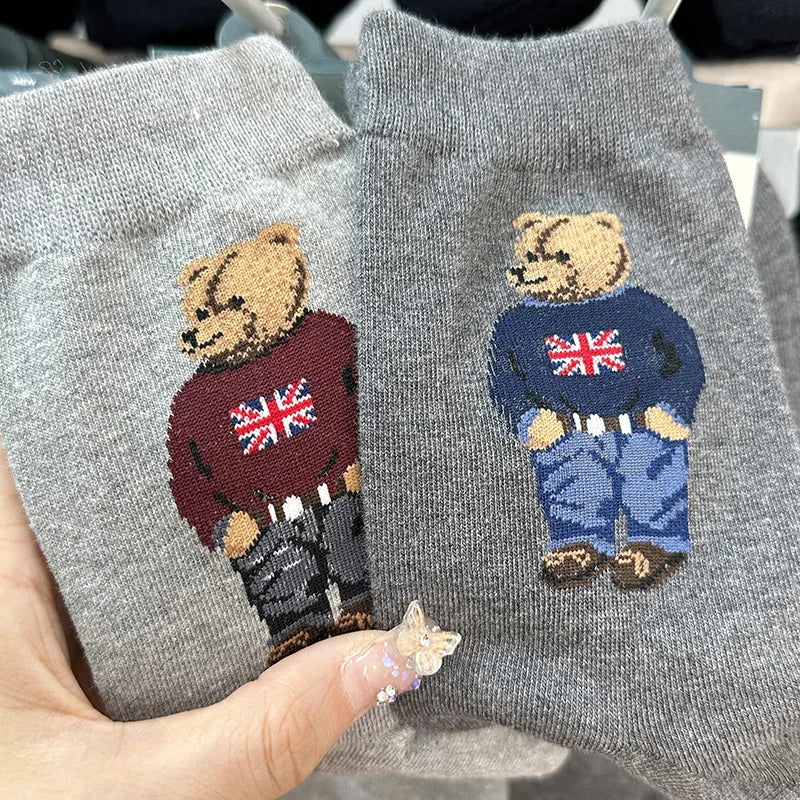 Polo Socks Men Gentleman Cotton Socks Bear Cartoon Bussiness Harajuku Skateboard Novelty Breathable Sox Designer Socks Size46-39