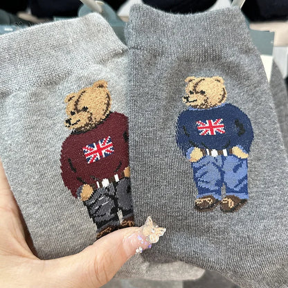 Polo Socks Men Gentleman Cotton Socks Bear Cartoon Bussiness Harajuku Skateboard Novelty Breathable Sox Designer Socks Size46-39