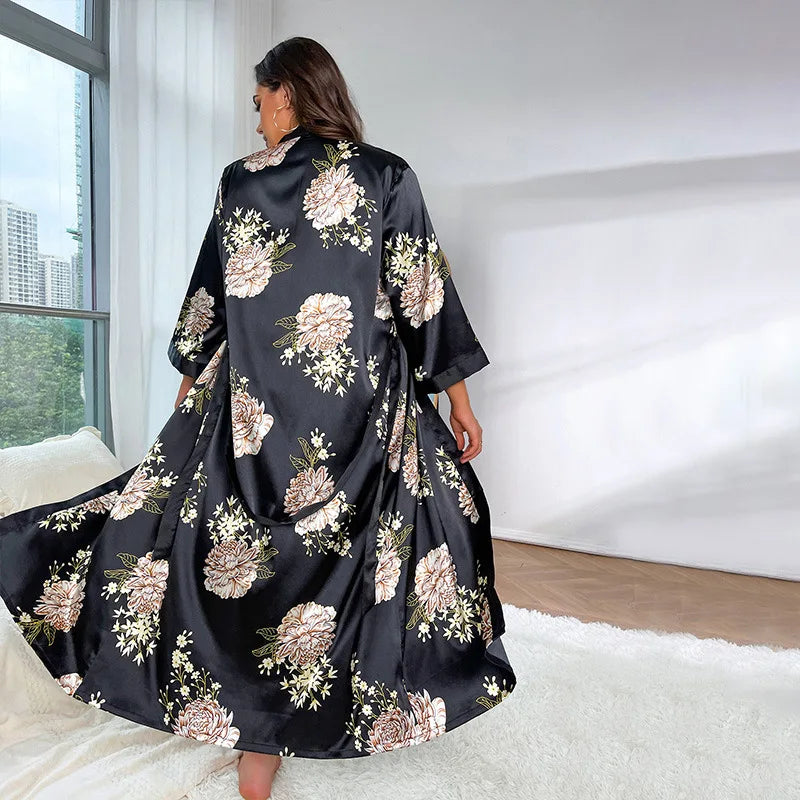 Plus Size Women's Satin Like Nightgown Fashion Long Maxi Sleep Dress100kg Floral Print Loose Fit Robe for Curvy Girls Loungewear
