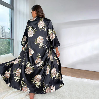 Plus Size Women's Satin Like Nightgown Fashion Long Maxi Sleep Dress100kg Floral Print Loose Fit Robe for Curvy Girls Loungewear