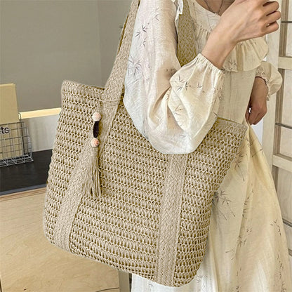 Women Hand Woven Tote Bag Solid Color Large Capacity Square Handbag Straw Shoulder Bag with Tassel Pendant