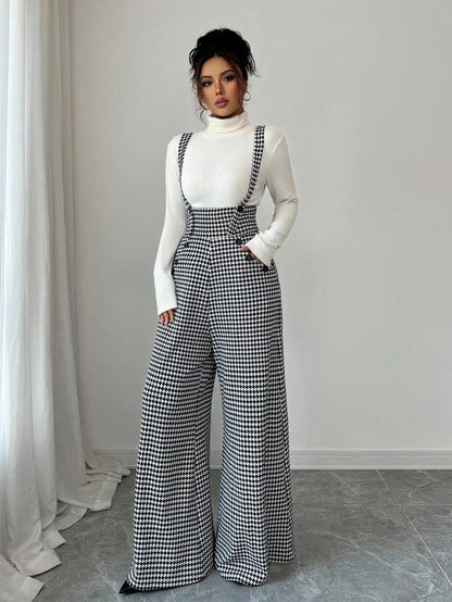 Overalls for Women's Winter Jumpsuit Black White Vintage Wide Leg Suspender Pants for Office Commute Casual Female Clothing