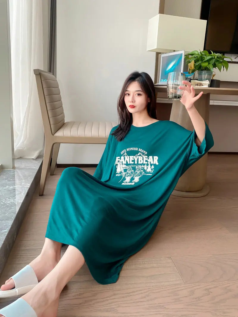 New Casual Sleepwear Woman Night Dress Lounge Home Wear Clothes Printed Short Sleeve Female Nightgowns Cotton Loose Nightshirt
