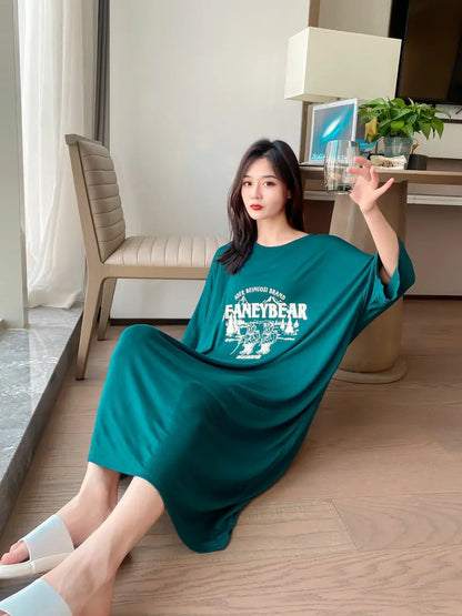 New Casual Sleepwear Woman Night Dress Lounge Home Wear Clothes Printed Short Sleeve Female Nightgowns Cotton Loose Nightshirt
