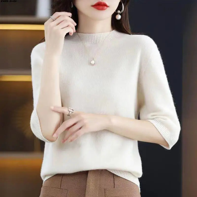 2026 New Soft Short Sleeve Women's Half High Neck Overhead Wool Blend Simple Loose Thin Seven Sleeve Woolen Sweater