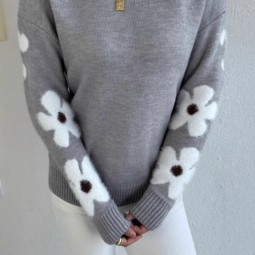 Ladies Clothes Sueter Flower Print Loose Round Neck Long Sleeve Autumn Winter Versatile Pullover Sweater Autumn Clothing Womens