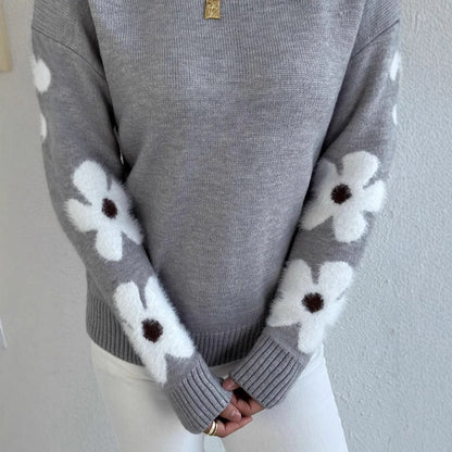 Ladies Clothes Sueter Flower Print Loose Round Neck Long Sleeve Autumn Winter Versatile Pullover Sweater Autumn Clothing Womens