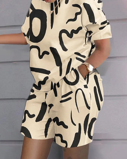 Ladies Casual Summer Two Piece Sets Printed Shorts Sets Women Round Neck Short Sleeve T Shirts Pullover High Waist Trousers Suit
